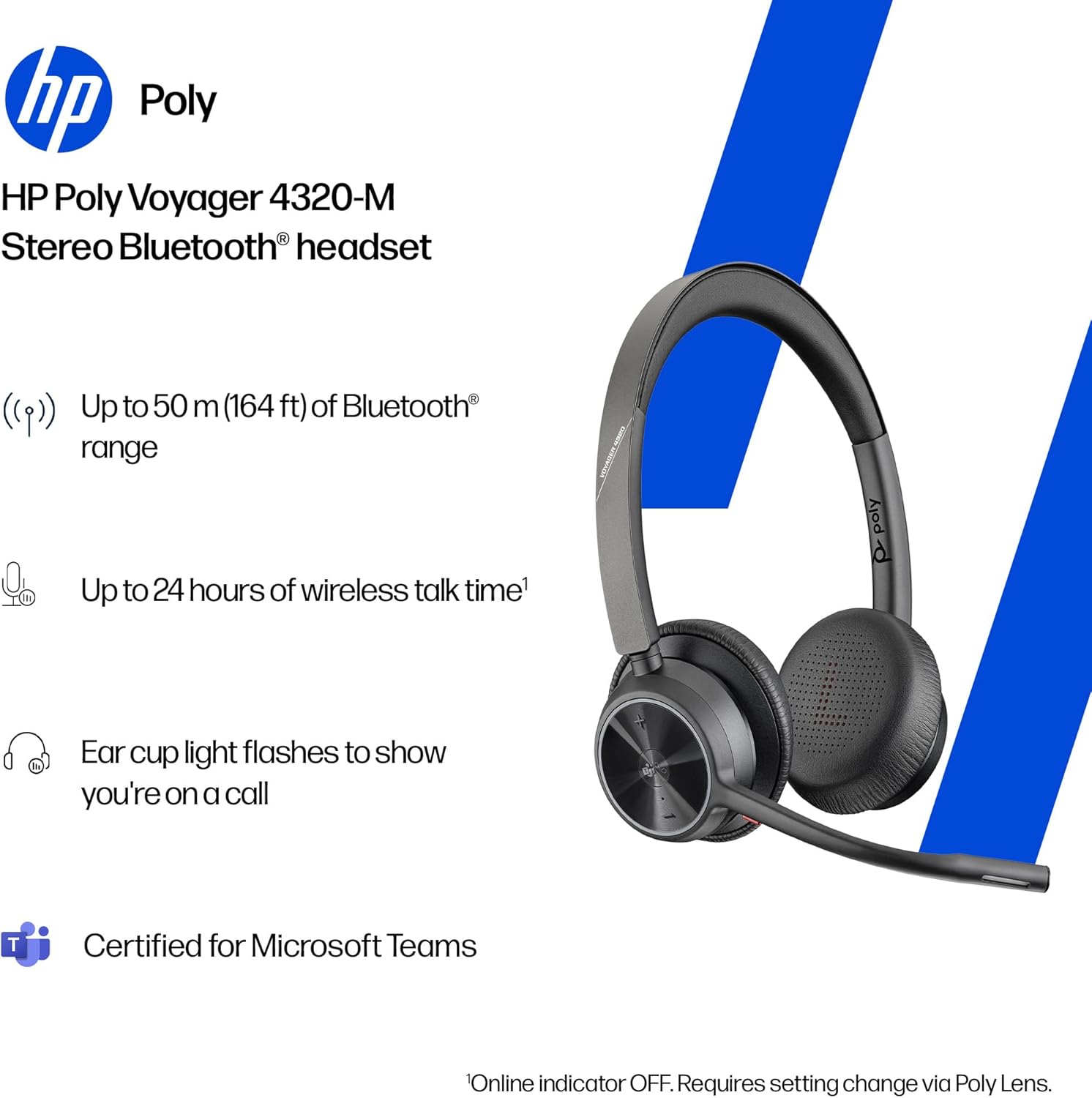 Poly Voyager 4320 UC Wireless Headset & Charge Stand - Noise-Canceling Wireless Headphones with Mic - Connect to PC via USB-C to USB-A Adapter, Cell Phone via Bluetooth, Microsoft Teams Certified - Image 2