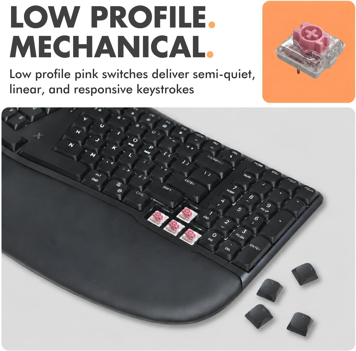 X9 Performance Low Profile Mechanical Ergonomic Keyboard - (BT + 2.4G + Wired) - Wireless Split Keyboard Mechanical - Built-in Wrist Cushion, Pink Switch, Backlit, Rechargeable - for PC/Mac - Image 3