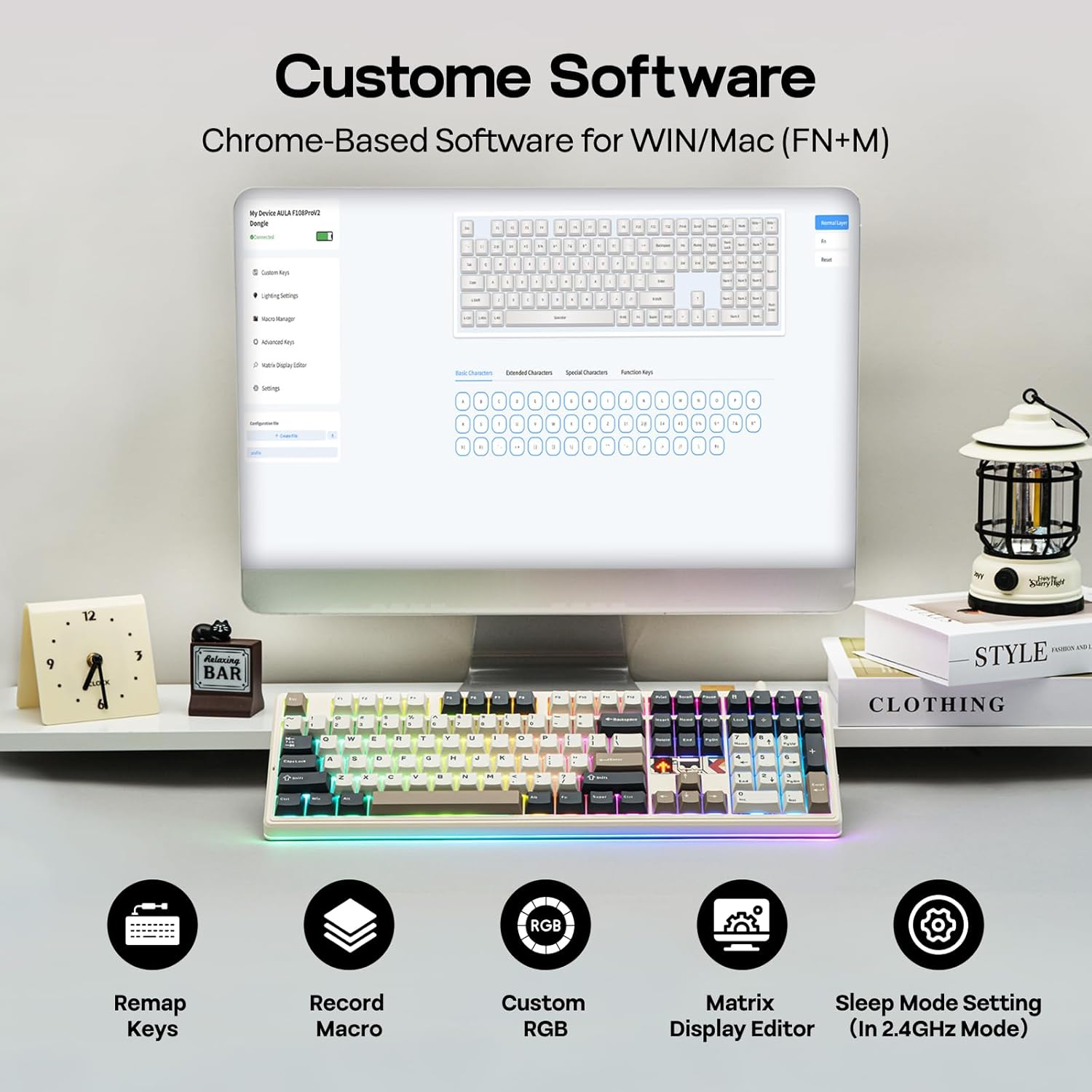 EPOMAKER X Aula F108 PRO V2 Wireless Gaming Keyboard with 10000mAh Battery, Dot-Matrix Display, RGB Backlit, Full Size Mechanical Keyboard for Mac/PC/Android (Retro White, Reaper) - Image 5